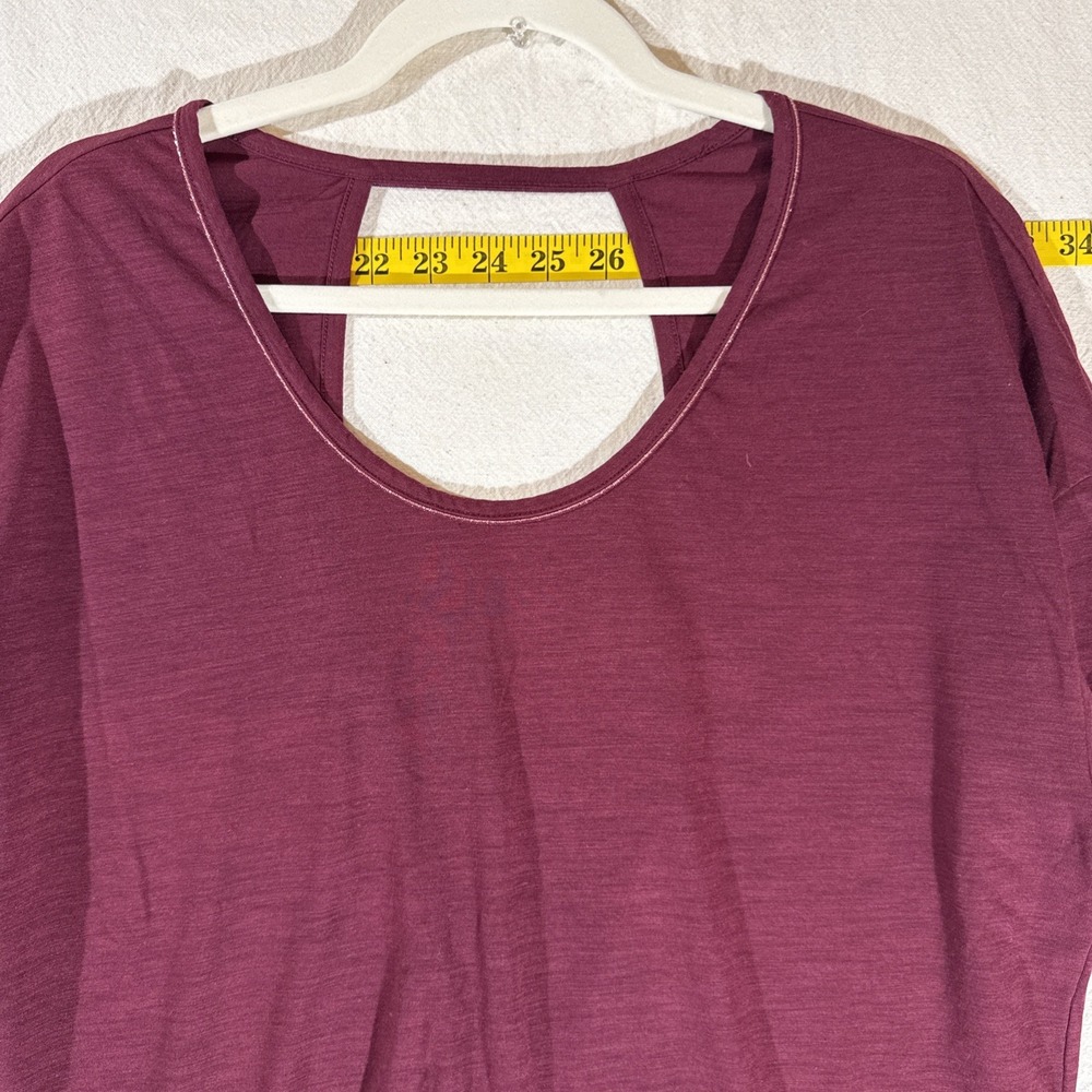 Nike Yoga Dri-Fit Open Back SS Burgundy W/Shimmer Piping Feminine Relaxed Top - Picture 2 of 11